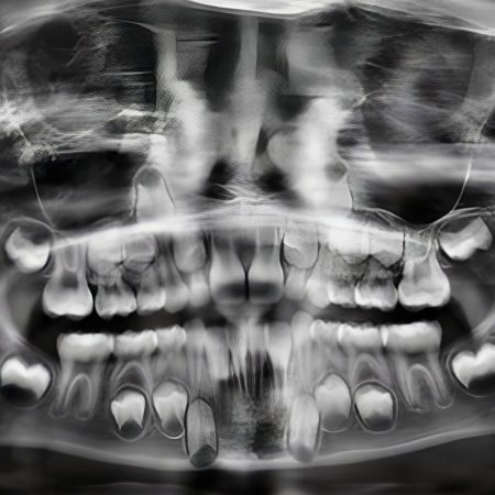 Panoramiczne zdjęcie rentgenowskie zębów – obraz RTG szczęki i żuchwy, wykorzystywany w diagnostyce ortodontycznej, planowaniu leczenia nakładkami Invisalign®.
